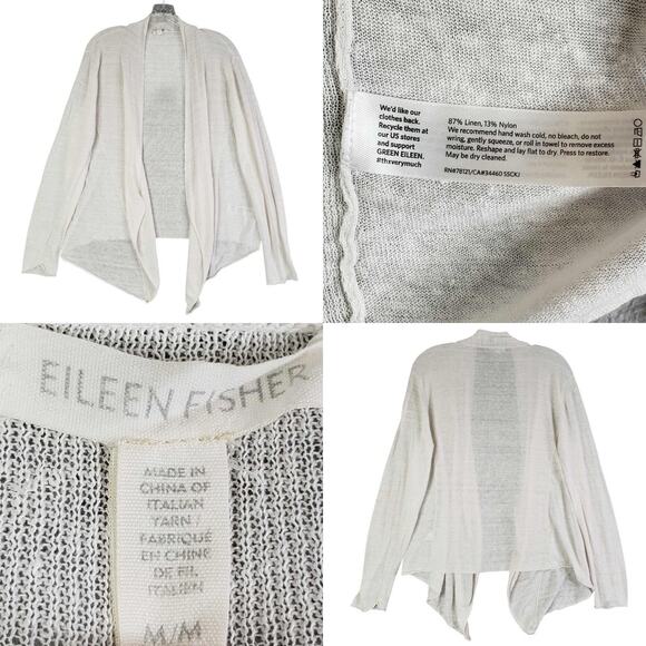 Eileen Fisher Open Front Cardigan Sweater Womens Size Medium White Linen Draped - Picture 1 of 8